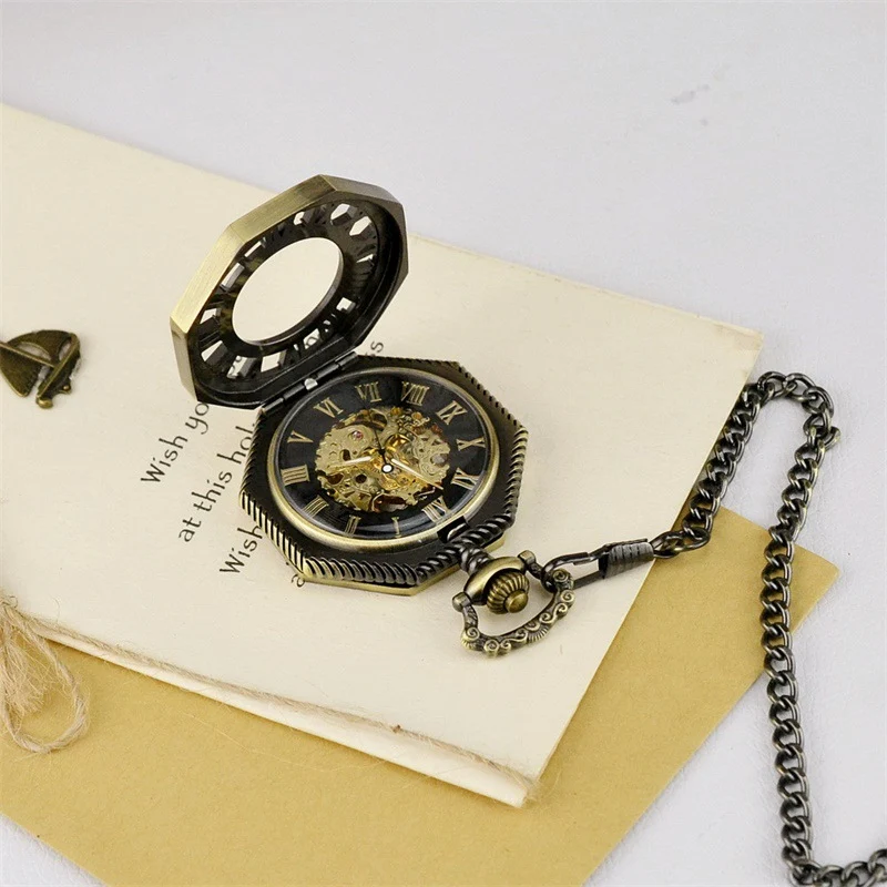 Vintage Roman numeral carved octagonal openwork mechanical pocket watch, a timeless accessory, perfect for adding elegan