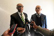 The ANC's Zizi Kodwa and Pule Mabe brief the media after their presentation to the SABC inquiry into media freedom. /  Thulani Mbele