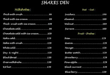 Shakes Den menu 