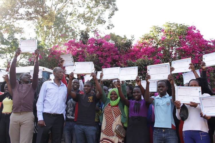 A section of youths who completed a one day training on access to government procurement opportunities (AGPO) program in Kibera on February 13, 2019.