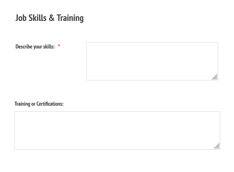 Screenshot of job application form fields including fields to describe skills, training, and certifications.