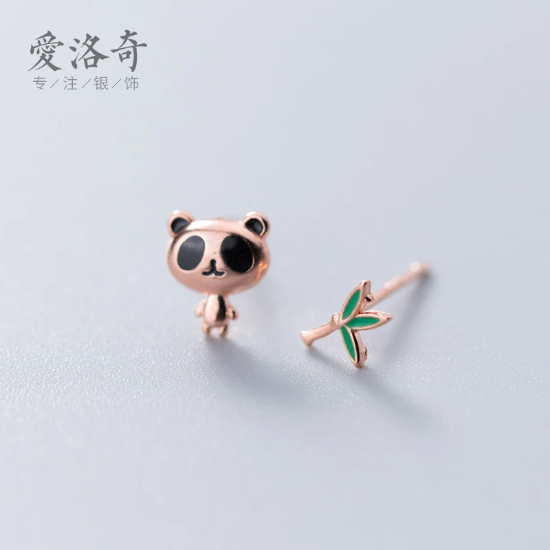 Orecchini a lobo in argento S925 da donna, stile giapponese e coreano, simpatici orecchini panda, asimmetrici, dolci, bambù e design unico