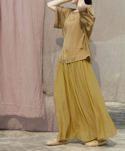 Title 6, Elastic Waist Turmeric Crepe De Chine Skirt wit...