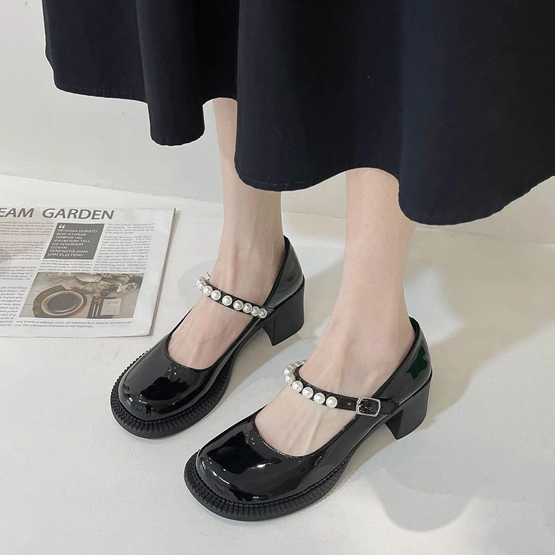 Pearl British Small Leather Shoes Female Summer Thin Section With Skirt Thick Heel Retro. Stylish and comfortable, perfe