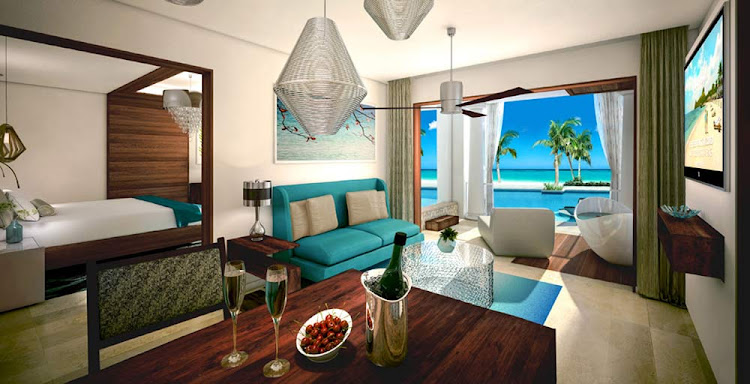 The Beachfront Prime Minister One Bedroom Honeymoon Suite at Sandals Royal Barbados has a private pool and patio tranquility soaking tub (digital rendering). Click to enlarge.