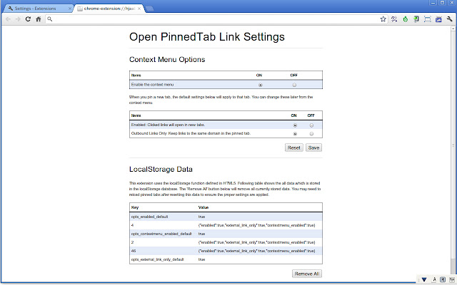 Open PinnedTab Link chrome extension