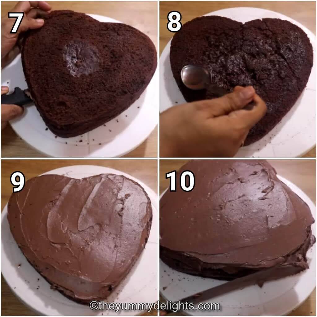 step by step image collage of applying the chocoalte ganache on the drip cake