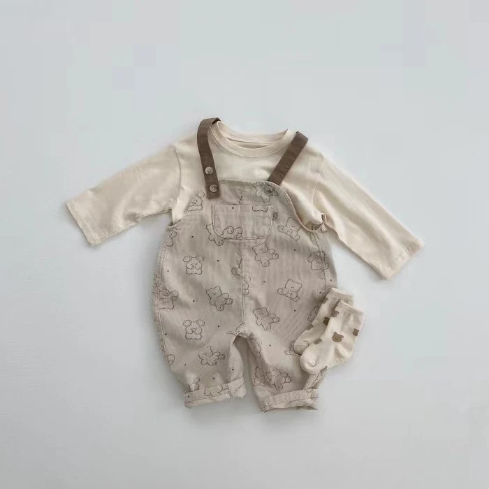 Barboteuse à bretelles bébé, unisexe, en velours côtelé avec dessin animé, combinaison une pièce longue pour grimper.