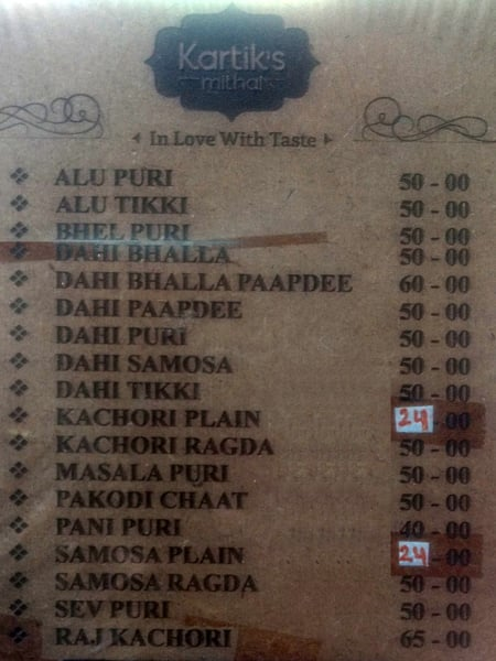 Kartik's Mithai Shoppe menu 