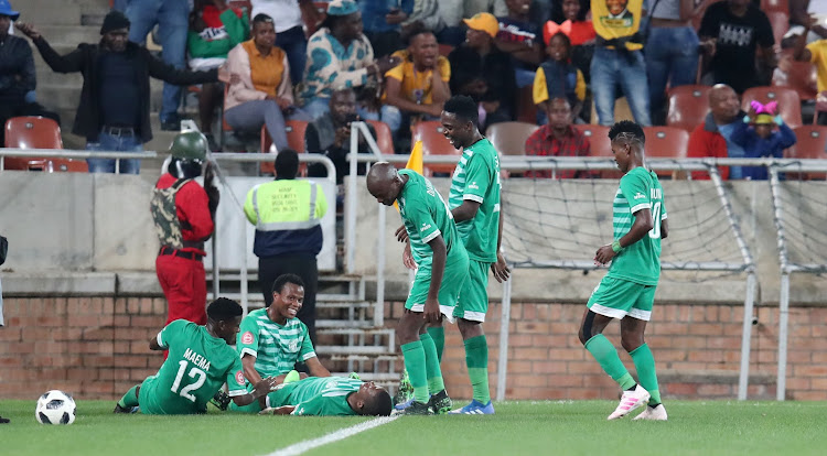 Ndumiso Mabena of Bloemfontein Celtic celebrates goal with teammates during the Absa Premiership match against Kaizer Chiefs at the Peter Mokaba Stadium in Polokwane on the April 27 2019.