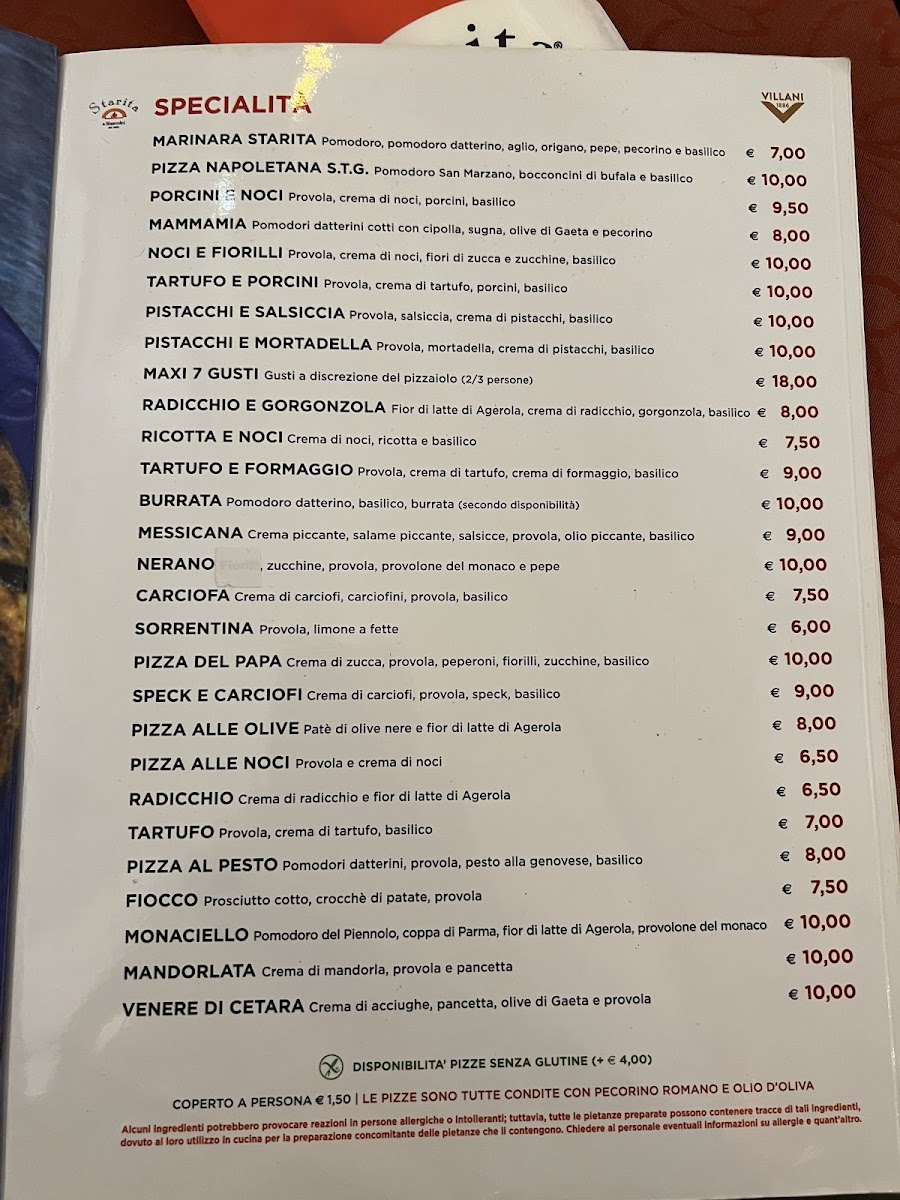 Pizzeria Starita gluten-free menu