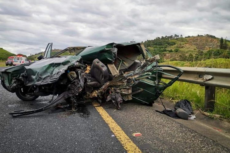 The wreckage of a vehicle involved in a fatal crash on the KZN south coast on Sunday.