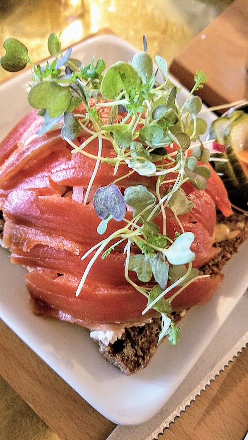 Brunch at Broder Nord - Smørrebrød, Danish Open Faced Sandwiches where you can choose two of five options, we picked the Gravlax with shrimp skagenröra, radish, mustard sauce, microgreens and the Beet and Asparagus with asparagus, beets, and chevre