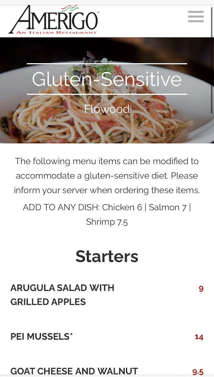 Amerigo gluten-free menu