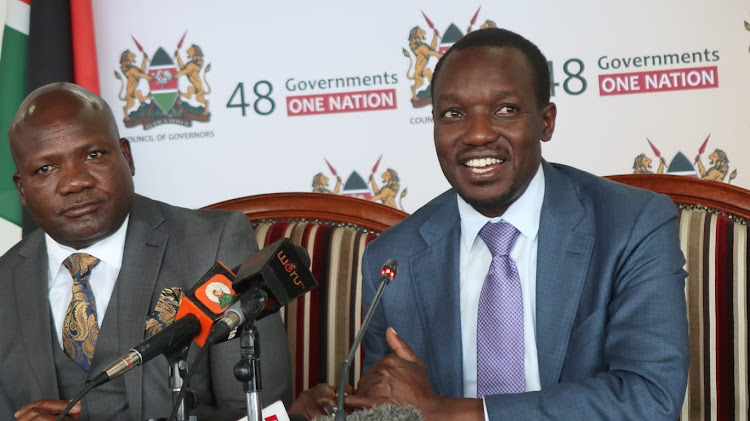 COG finance committee Chair/Kakamega Governor Fernandes Barasa and Kisii county Governor Paul Simba Arati during a press briefing on the Status of disbursement of funds to the counties at the COG offices Westlands on January 23, 2022.