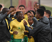 Bongokuhle Hlongwane celebrates his goal for Bafana Bafana in the 2022 FifaWorld Cup qualifying match against Ghana at FNB Stadium in Johannesburg on September 6 2021. 