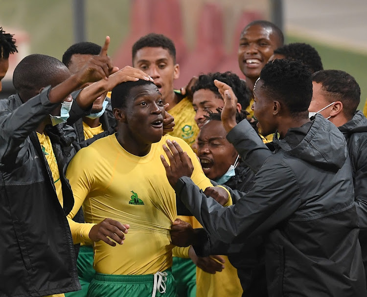 Bongokuhle Hlongwane celebrates his goal for Bafana Bafana in their 2022 World Cup qualifying match against Ghana in September 2021. The striker was due to join SA's camp in France and Belgium on Thursday.