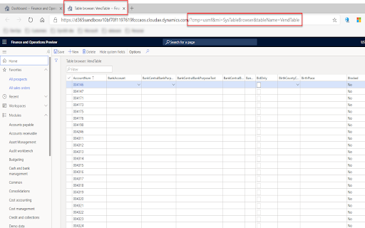 Dynamics 365 F&O table browser