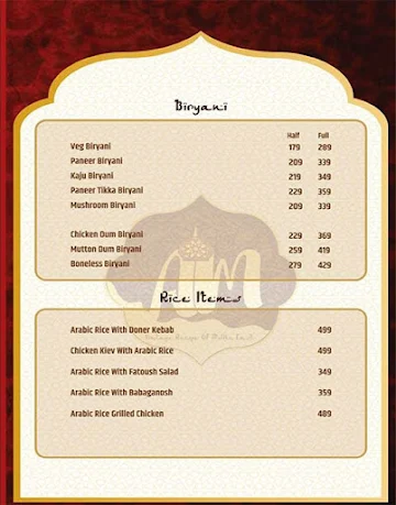 Arabian Mandi menu 