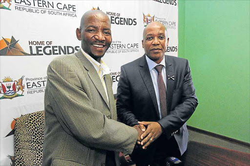 MEETING OF MINDS: Xhosa King Mpendulo Sigcawu, left, after meeting with Premier Phumulo Masualle and his delegation at Nqadu Great Place near Willowvale yesterday Picture: LULAMILE FENI