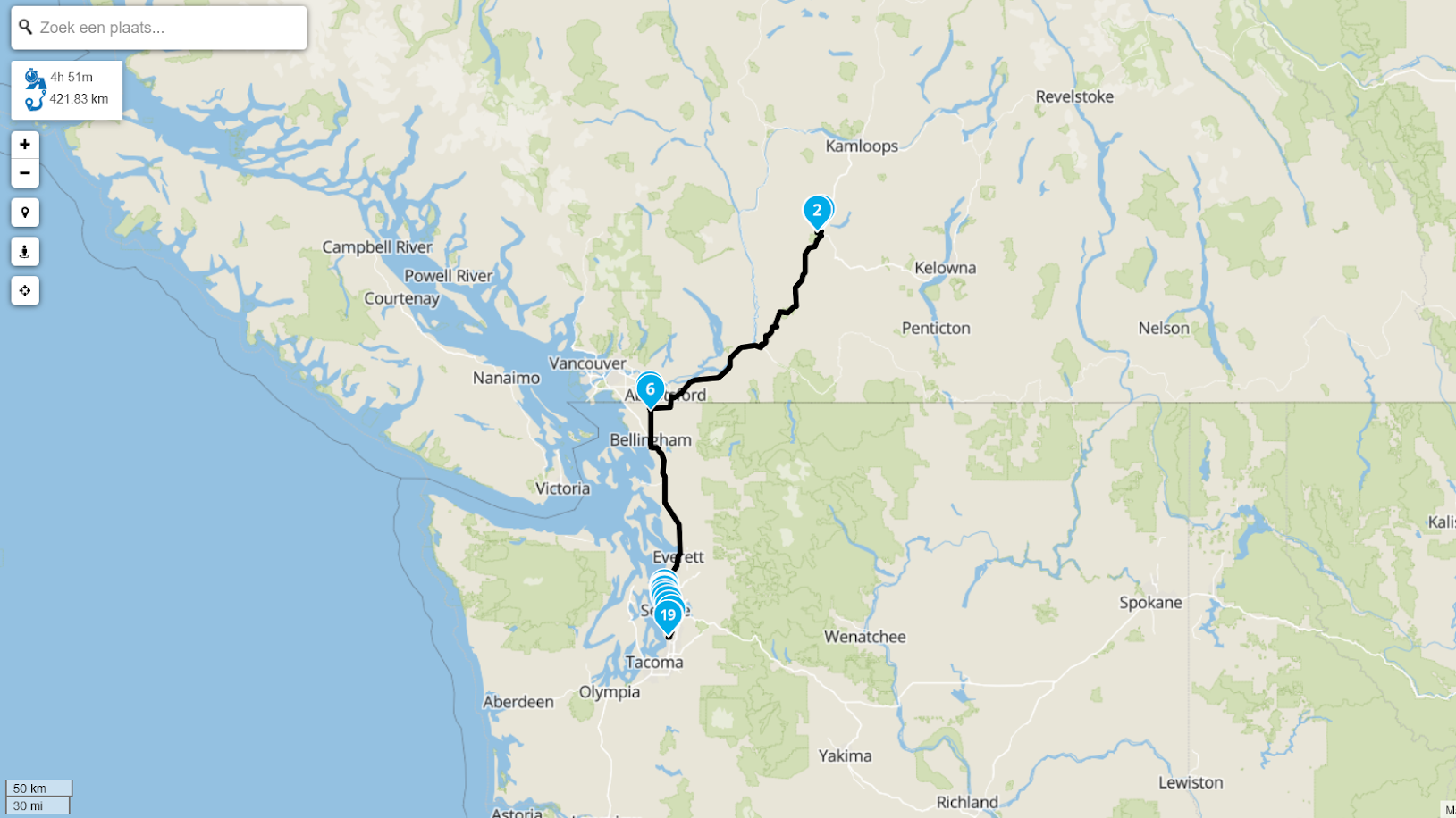 De route van vandaag. Afgelegde afstand: 422 km