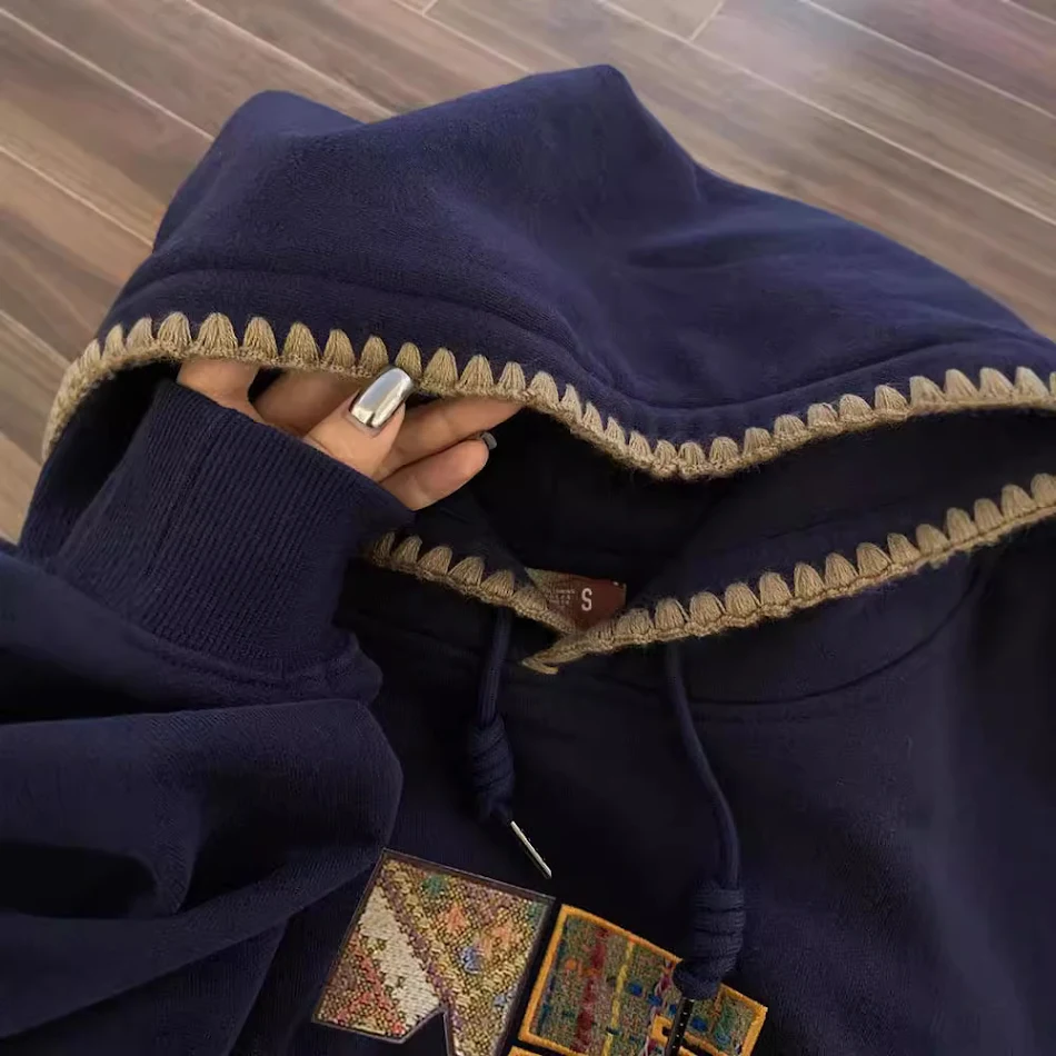 Retro etnische stijl geweven patch veelzijdige losse trui met capuchon