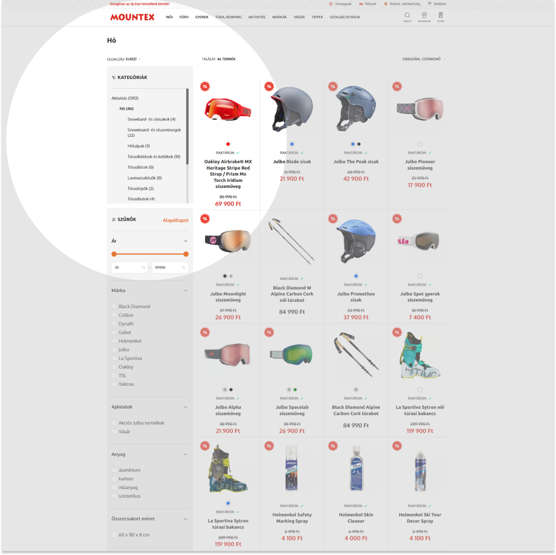 Mountex webshop: Termékszűrőben elhelyezett kategória navigáció