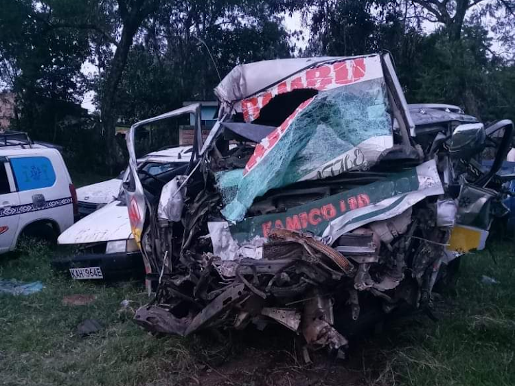 The matatu which collided with a tipper lorry ferrying sand at Nyalunya area on the Katito-KendubBay road in Kisumu. Seven people died on the spot./HANDOUT