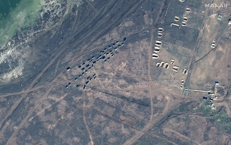 A satellite image shows a battalion-sized unit in a convoy near Filativka training area, Crimea February 15 2022. Picture: MAXAR TECHNOLOGIES