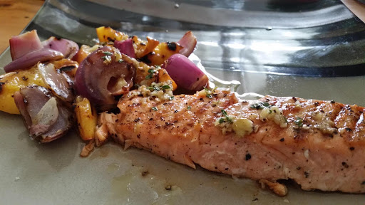 Grilled Salmon, Peaches, and Onions