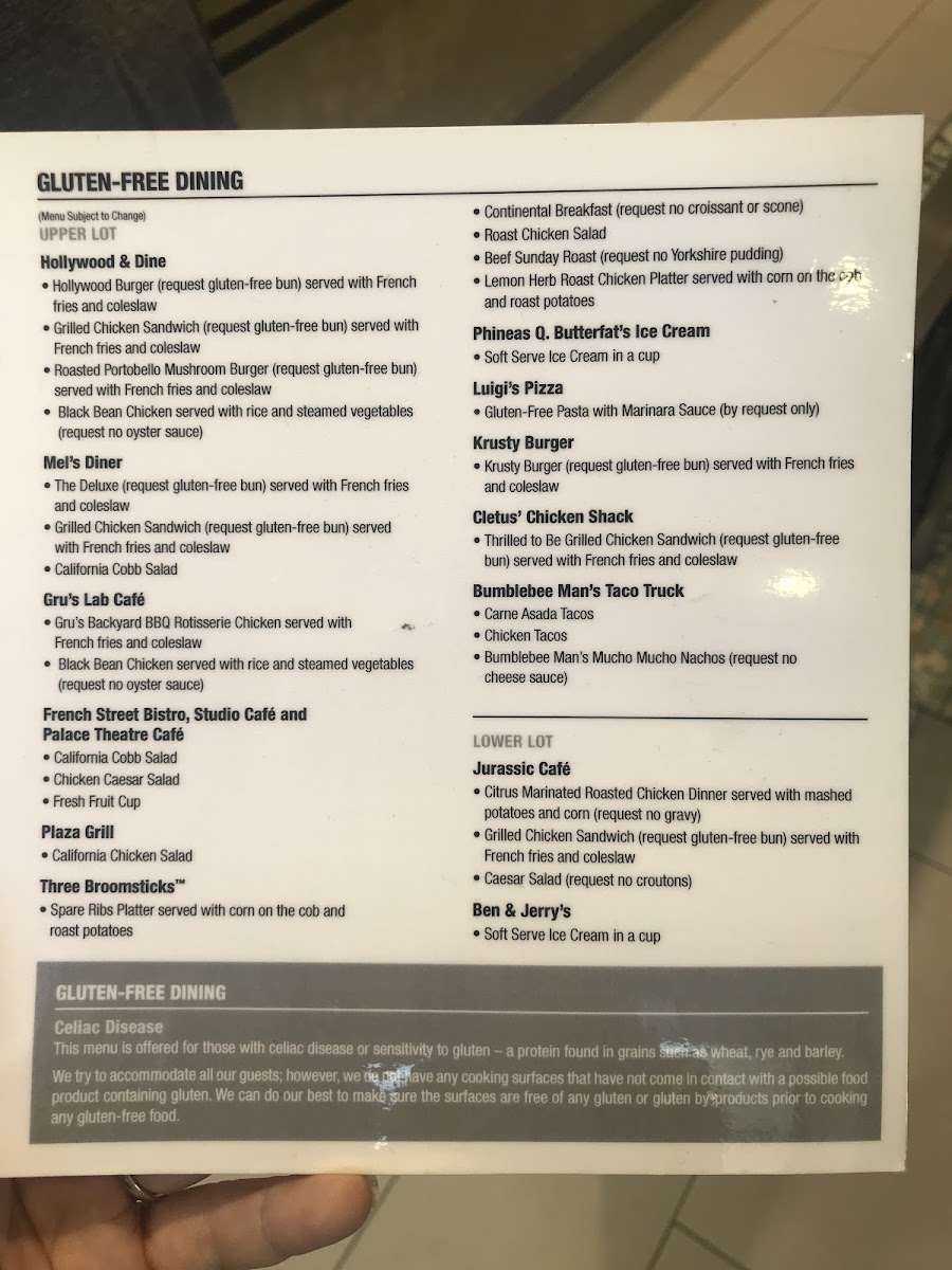 Universal Studios Hollywood gluten-free menu