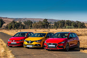 From left to the right, the Volkswagen Golf GTI TCR, Renault Mégane RS 300 Trophy and Hyundai i30 N.