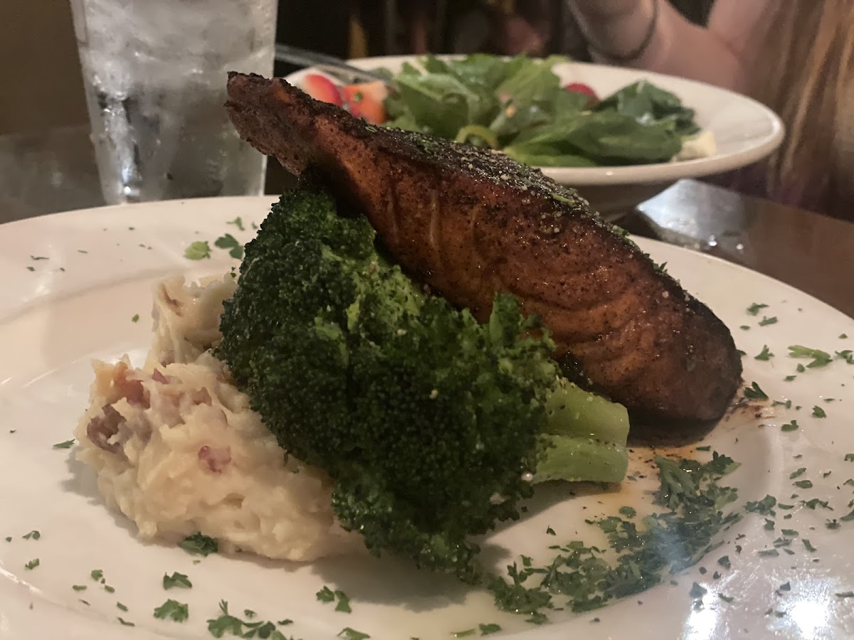 Blackened Salmon, stramed steamed broccoli and mashed potatoes. All GF