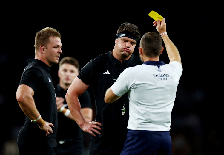 The All Blacks' Scott Barrett reacts after being shown two yellow cards leading to a red card by referee Matthew Carley in their World Cup warmup Test against the Springboks at Twickenham on August 25. File photo.