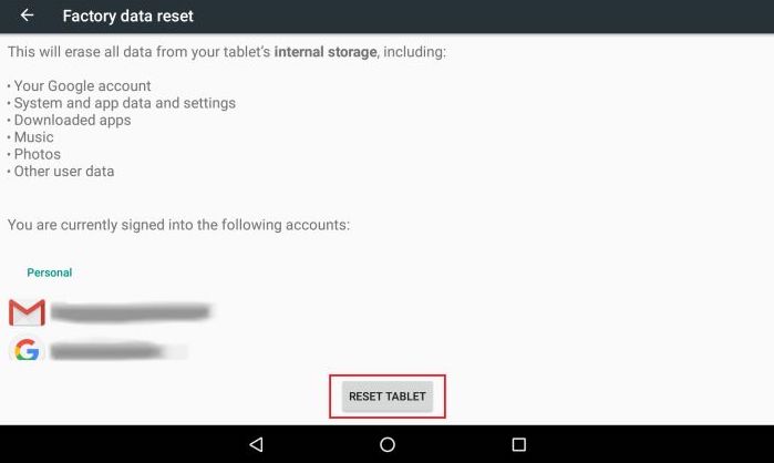 Press On "Reset Tablet" Option