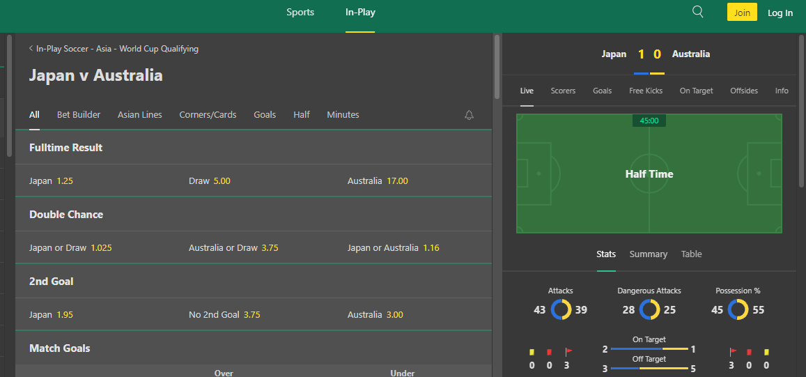 In-game betting interface on Bet365 on PC