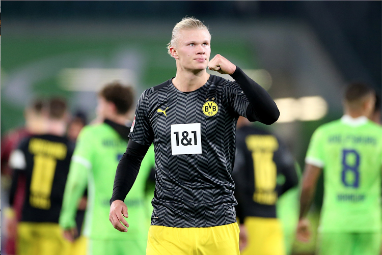 Borussia Dortmund's Erling Braut Haaland celebrates after their match against Wolfsburg.