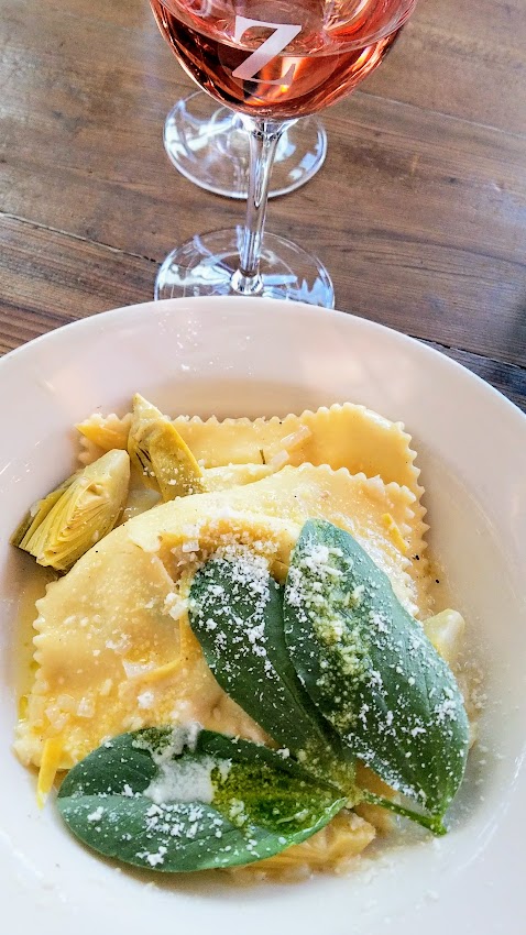 lunch with zazu kitchen + farm. Bellwether ricotta raviolo with artichokes, white truffle butter, backyard fava leaf paired with J. Bucher Rose of Pinot Noir, RRV 2017, part of the Artisan Cheese Festival tour visiting the Barlow in Sebastopol