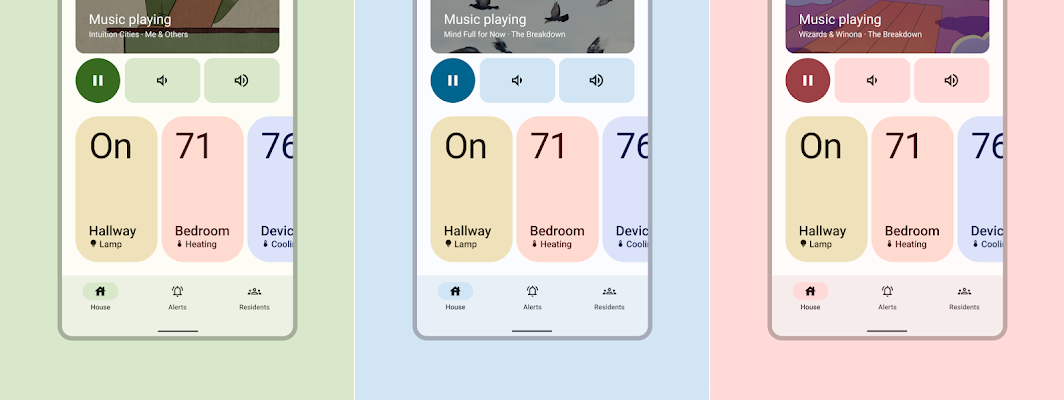 Three sample interfaces themed with different primary colors and custom colors