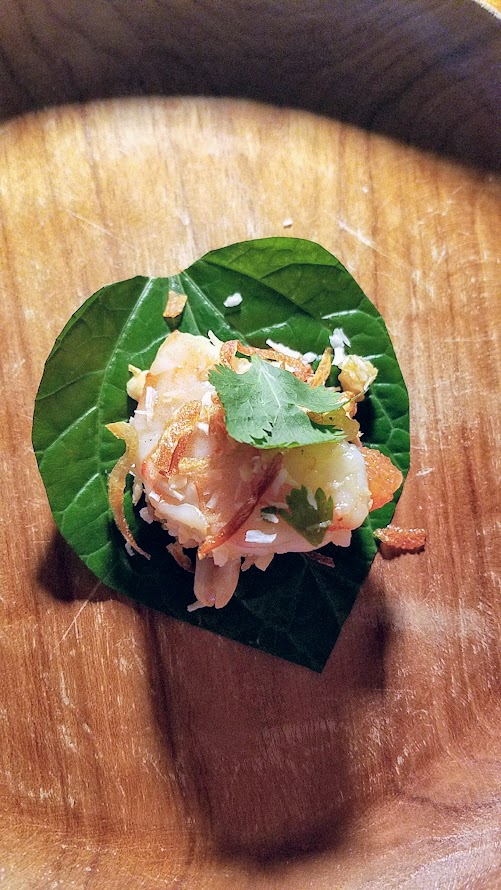 Journey of a Dinner at LangBaan with their May 2017 Tour of Thailand menu: Miang som-O, a snack of Grapefruit, shrimp, shallot, chili, lime, ginger in roasted coconut sauce, betel leaf