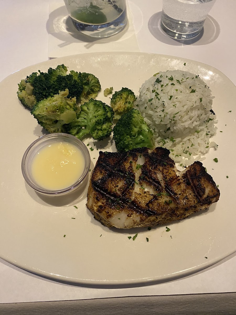 Chilean sea bass with lemon butter on the side, broccoli, and jasmine rice