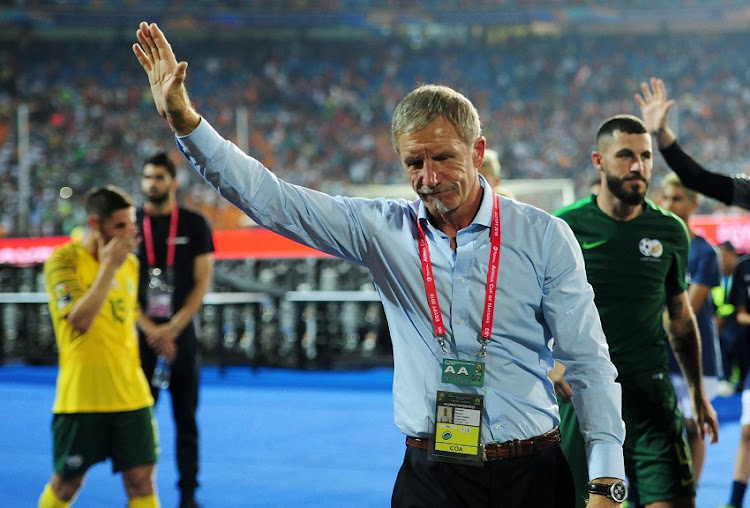 Stuart Baxter, head coach of South Africa waves to South Africa fans after the 2019 Africa Cup of Nations Finals quarterfinal game between Nigeria and South Africa at Cairo International Stadium in Egypt on 10 July 2019.