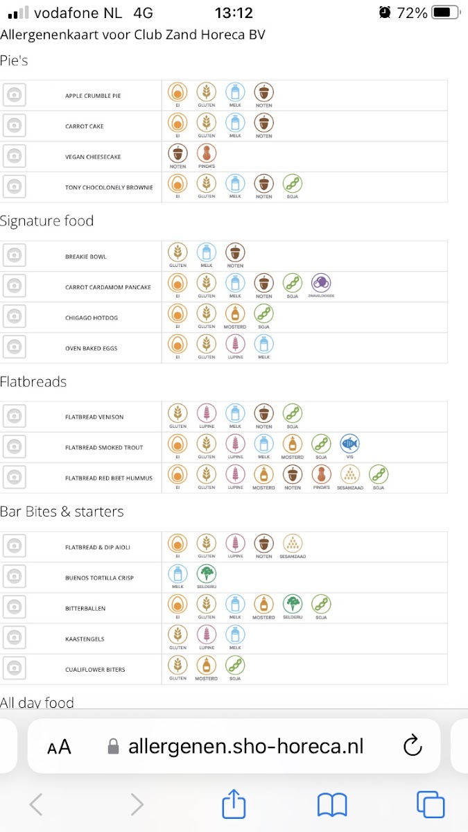 Strandpaviljoen Club Zand gluten-free menu