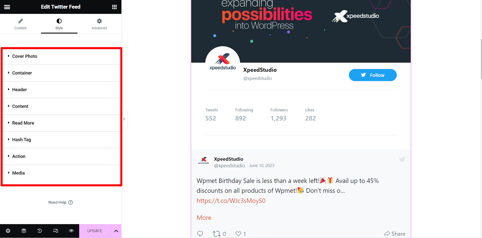 Estilize o widget ElementsKit Twitter Feed rapidamente