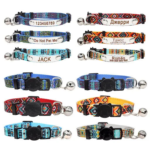 Personalized ID Cat Safety Buckle Collar Bohemia Style Adjustable Custom Nameplate Free Engraving Stainless Steel Nylon 