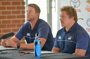 Torsten Van Jaarsveld (R) and Corniel van Zyl, assistant coach of Toyota Cheetahs during the Toyota Cheetahs training and press conference at Toyota Stadium on March 02, 2017 in Bloemfontein, South Africa. 