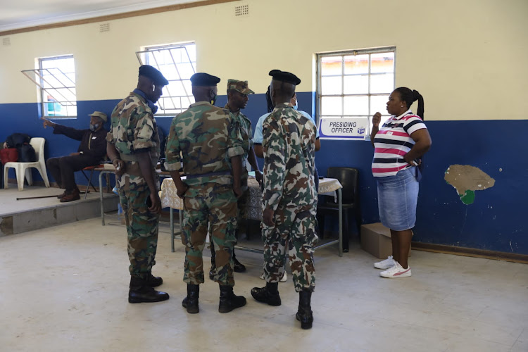 Military veterans at Ntolwane Primary School, where former president Jacob Zuma is expected to vote this morning.