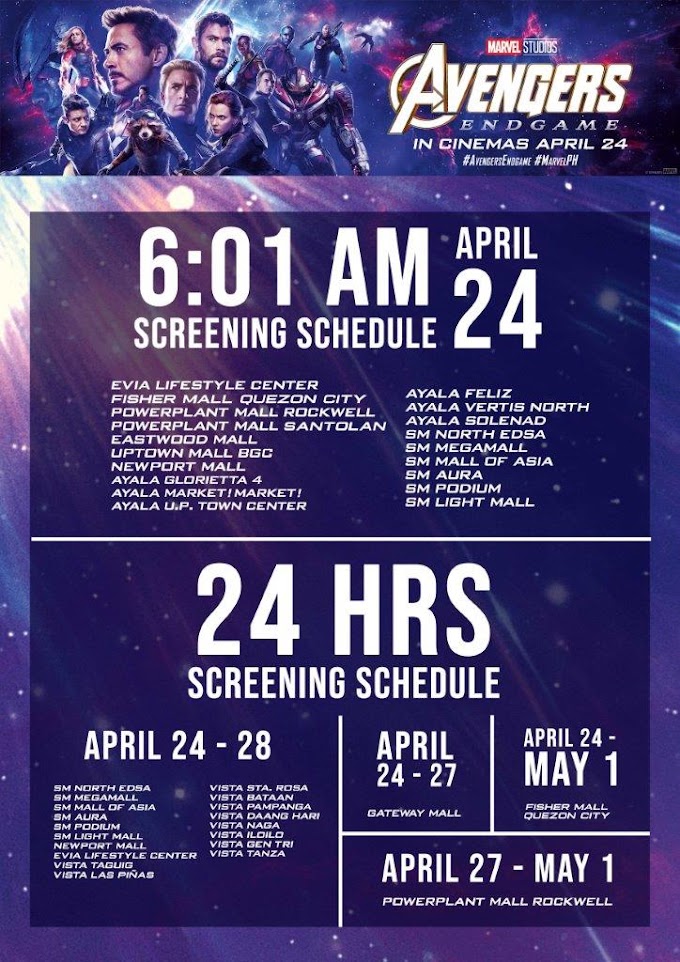 Time to assemble at these cinemas for ‘Avengers: Endgame’ Select cinemas in the Philippines to run for 24 hours starting at 6:01 AM on April 24