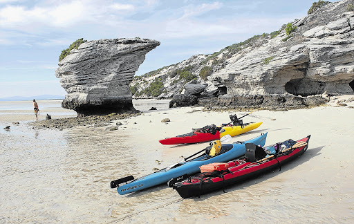 DOWN PADDLES: Kayaks lie temporarily abandoned on the nature reserve's beach after a cruise across the bay Picture: PAUL ASH