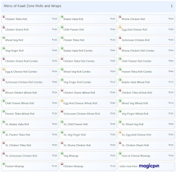 Kaati Zone Rolls and Wraps menu 